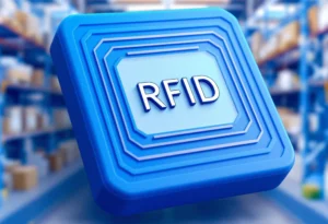 Znacznik RFID na tle magazynu logistycznego