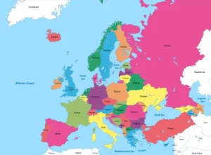 Mapa Europy pokazująca ile jest państw w Europie