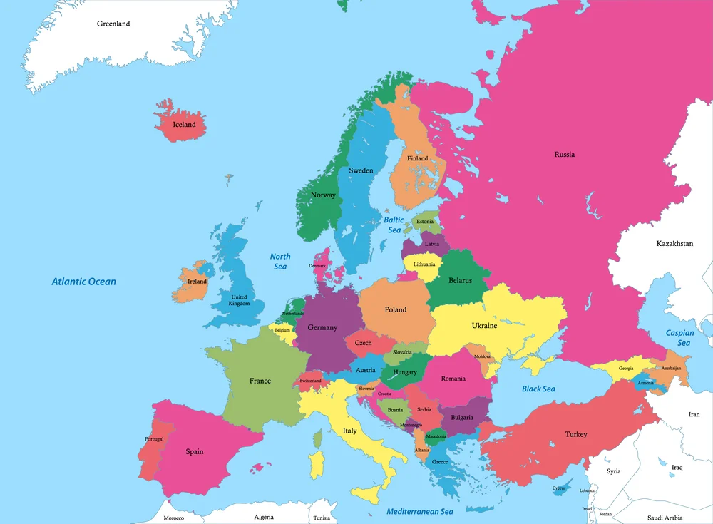 Mapa Europy pokazująca ile jest państw w Europie