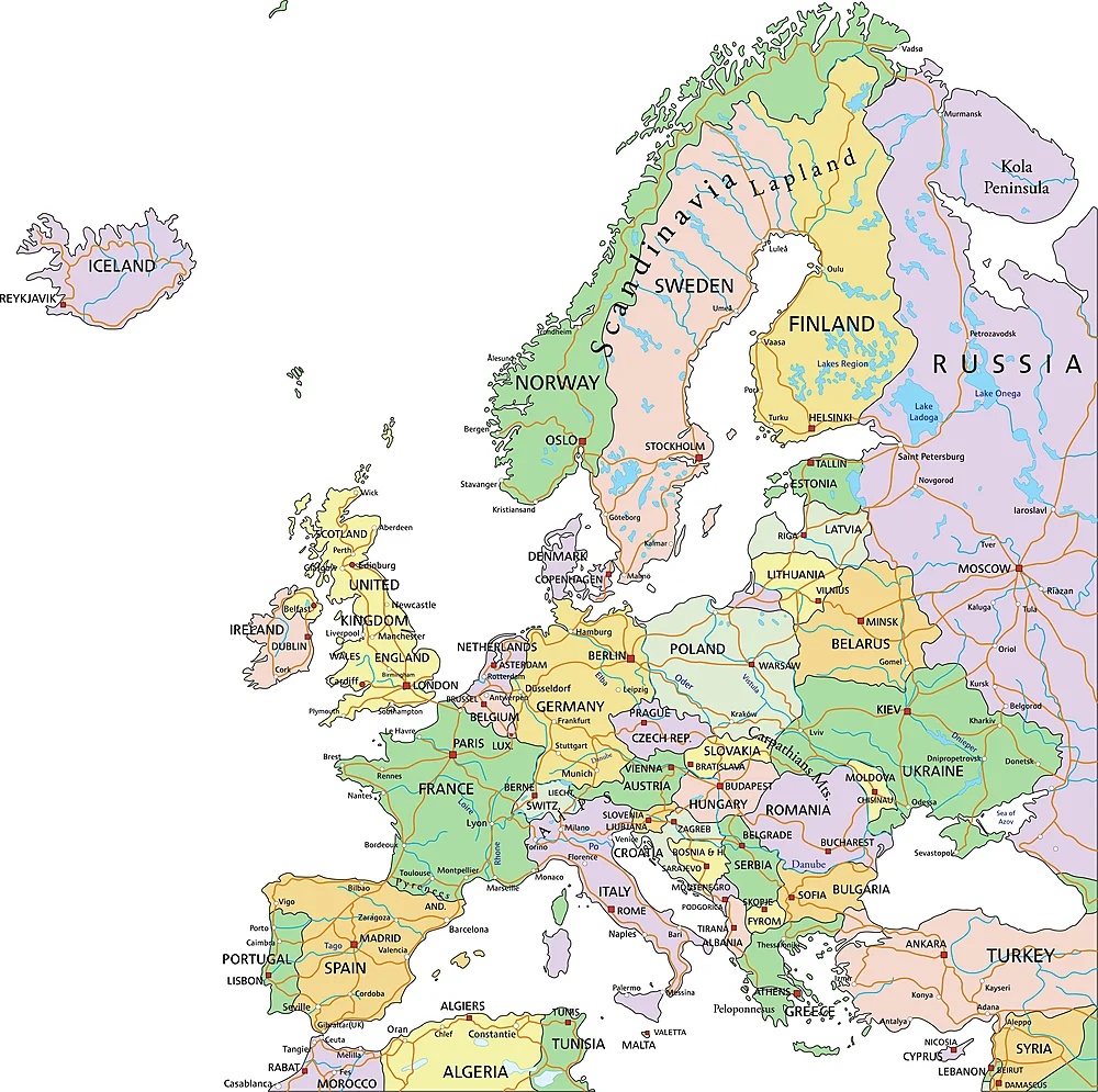 Mapa Europy zawierająca państwa oraz stolice europejskie
