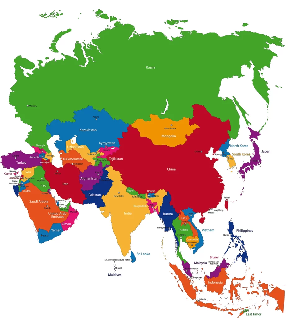 mapa Azji ze stolicami
